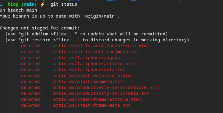 screenshot of the git status command, showing some upcoming articles. mainly about steam frame, productivity in xr, plushies, how ai is anti-fun and about fairphone.