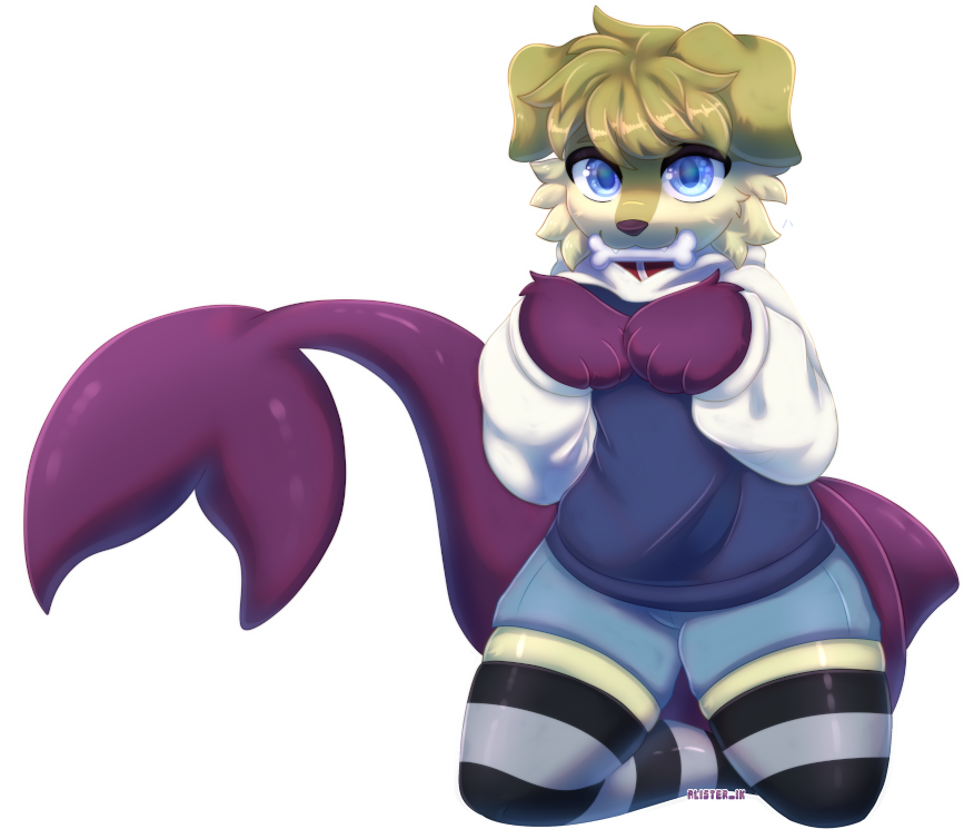 Commissioned artwork of my dog-shark fursona where he is kneeling on the ground with a bone in his mouth