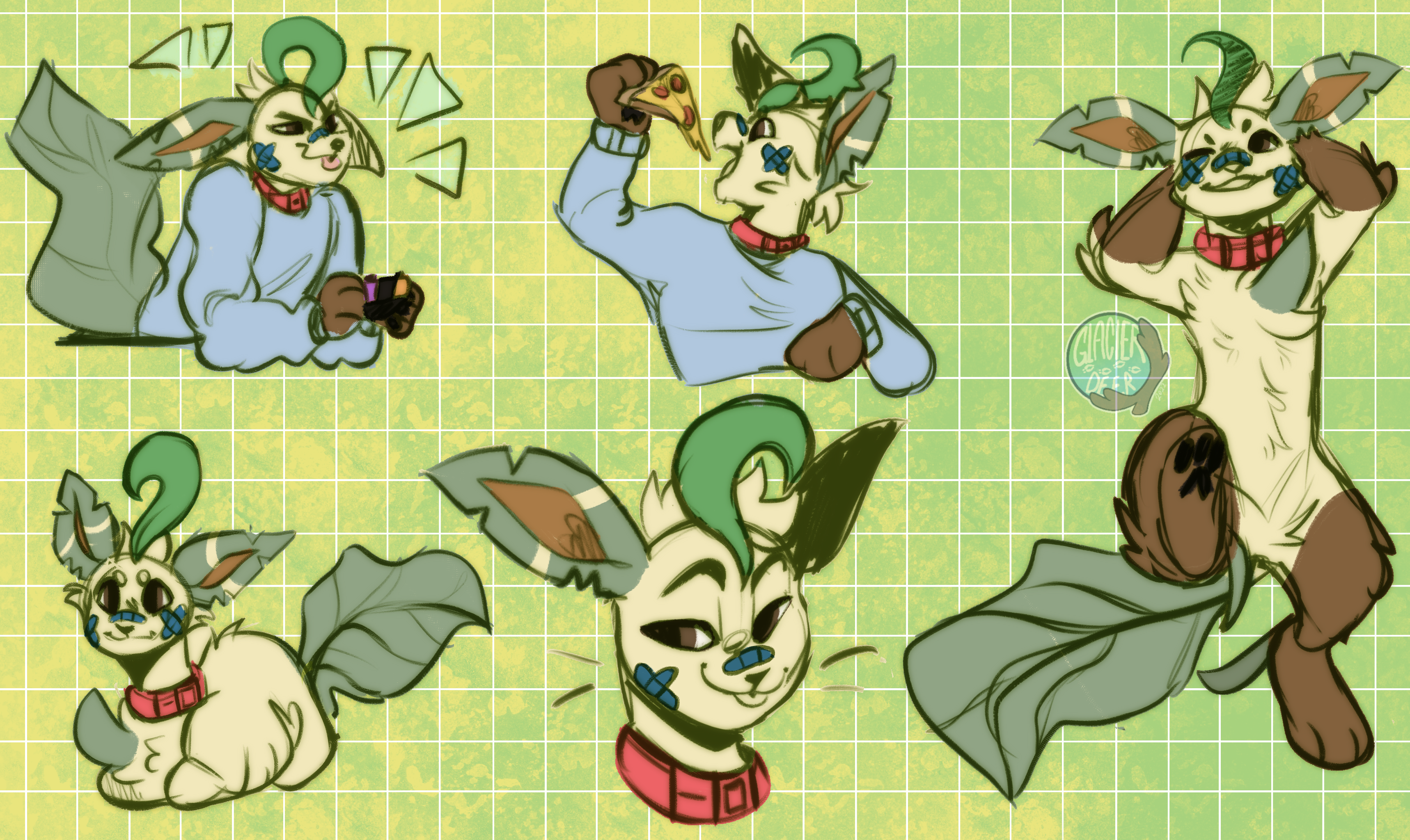 various sketches of wyatt, gaming, eating pizza, being a gremlin